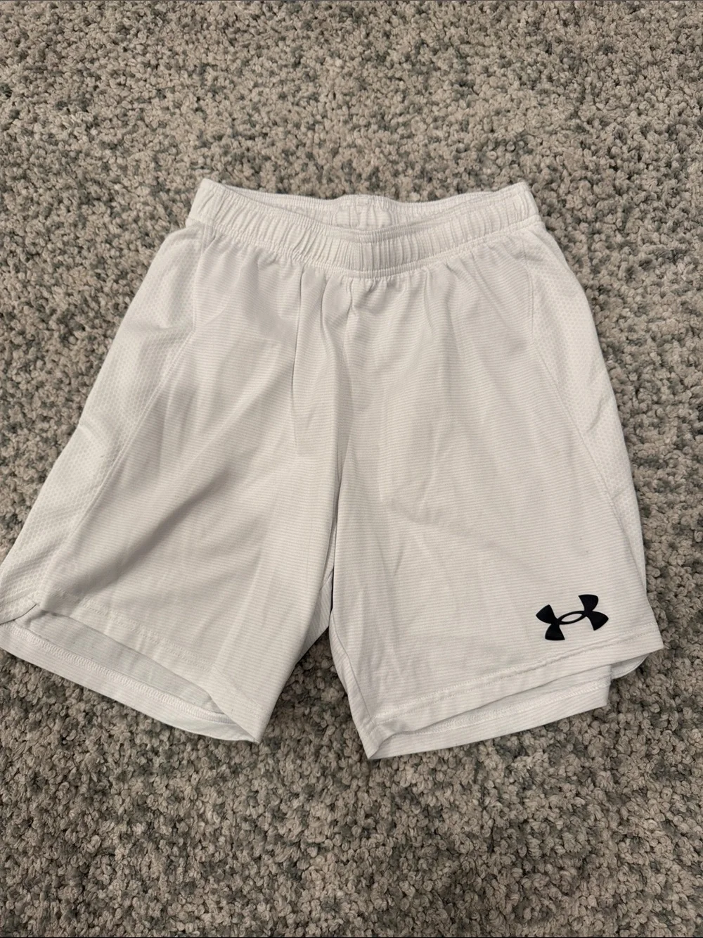 Under Armour Men’s White Athletic Shorts with Black Logo